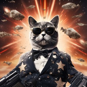Cartaz de filme de um gato com uma camisa de bolinhas pretas e brancas e óculos de sol brilhantes, com explosões e canhões em fundo 4