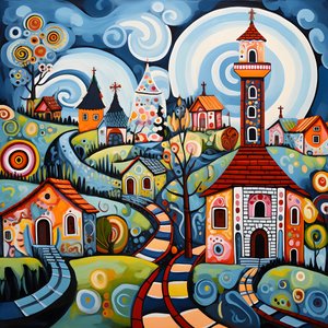 Pintura de uma aldeia búlgara, igreja ortodoxa 1