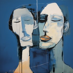 Pintura de duas cabeças sobre um fundo azul 2