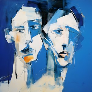 Pintura de duas cabeças sobre um fundo azul 3