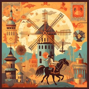 Fundo Dom Quixote, à direita, no seu burro, pequeno como uma sombra, em frente aos moinhos de vento, um cenário adequado 1