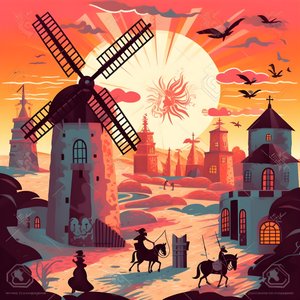 Fundo Dom Quixote, à direita, no seu burro, pequeno como uma sombra, em frente aos moinhos de vento, um cenário adequado 2