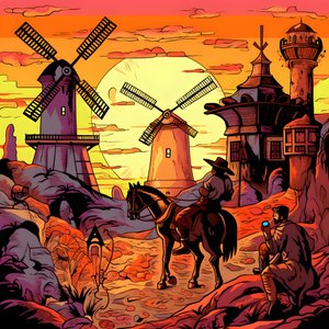 Fundo Dom Quixote, à direita, no seu burro, pequeno como uma sombra, em frente aos moinhos de vento, um cenário adequado 3