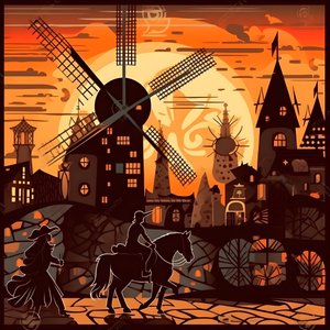 Fundo Dom Quixote, à direita, no seu burro, pequeno como uma sombra, em frente aos moinhos de vento, um cenário adequado 4