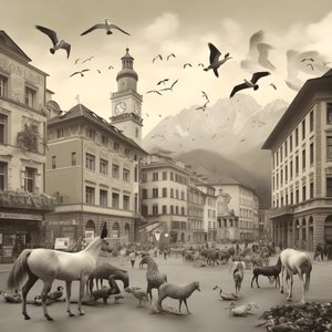 Innsbruck numa fotografia antiga com elegantes zebras, gaivotas, macacos e figuras de barro. 1