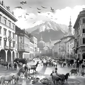 Innsbruck numa fotografia antiga com elegantes zebras, gaivotas, macacos e figuras de barro. 2