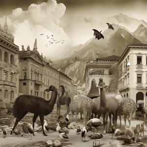 Innsbruck numa fotografia antiga com elegantes zebras, gaivotas, macacos e figuras de barro. 3