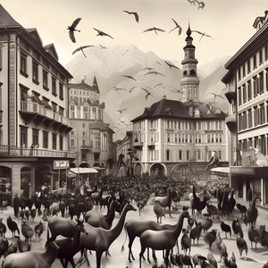 Innsbruck numa fotografia antiga com elegantes zebras, gaivotas, macacos e figuras de barro. 4