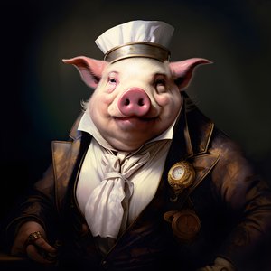 Proprietário antropomórfico de uma plantação de porcos, frio e dominador, olhos penetrantes, corpo gordo e rechonchudo, charuto na mão, fato e colete brancos sulistas chiques e requintados, relógio de bolso numa corrente, monóculo, chapéu de feltro branco,