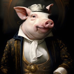 Proprietário antropomórfico de uma plantação de porcos, frio e dominador, olhos penetrantes, corpo gordo e rechonchudo, charuto na mão, fato e colete brancos sulistas chiques e requintados, relógio de bolso numa corrente, monóculo, chapéu de feltro branco,