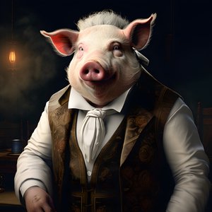 Proprietário antropomórfico de uma plantação de porcos, frio e dominador, olhos penetrantes, corpo gordo e rechonchudo, charuto na mão, fato e colete brancos sulistas chiques e requintados, relógio de bolso numa corrente, monóculo, chapéu de feltro branco,