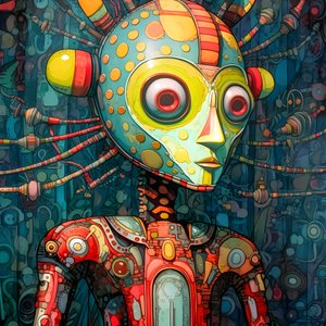 Carnival Cajun Swamp Mutant Sci-Fi Droid, no estilo artístico de Tim Burton e Beksinski 2