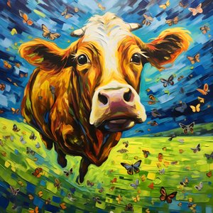 Vaca a voar sobre um prado verde 3