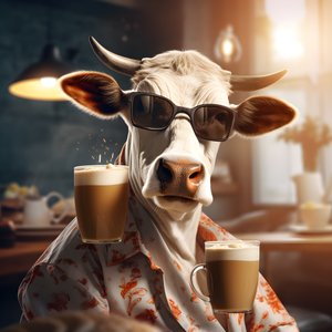 Vaca com óculos de sol a olhar para o café frio 1