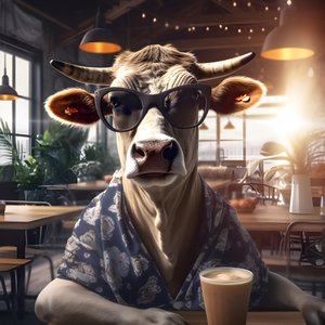 Vaca com óculos de sol a olhar para o café frio 3