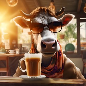 Vaca com óculos de sol a olhar para o café frio 4