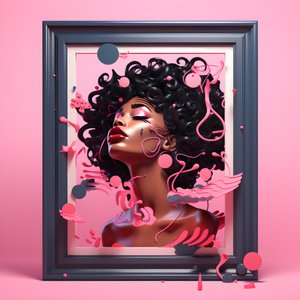 Obra de arte de uma mulher negra numa moldura de madeira cor-de-rosa, proclamando que ela é forte 2