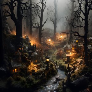 Floresta de Halloween em miniatura com árvores enevoadas e uma atmosfera assustadora 2