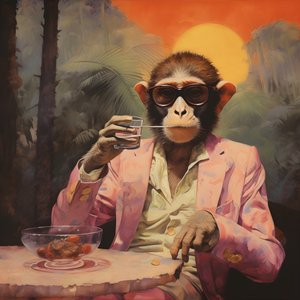 Grande plano de um macaco fixe num quimono japonês, com óculos de sol, numa paisagem tropical 2