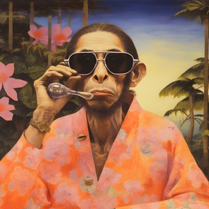 Grande plano de um macaco fixe num quimono japonês, com óculos de sol, numa paisagem tropical 3