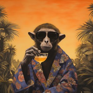 Grande plano de um macaco fixe num quimono japonês, com óculos de sol, numa paisagem tropical 4