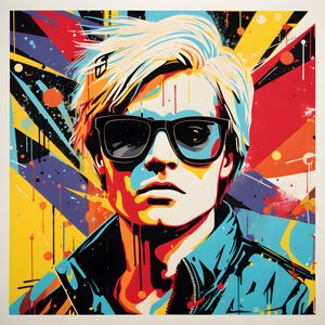 Retrato Pop Art, meio corpo, colorido, gráfico, matinal, ao estilo de Andy Warhol, Roy Lichtenstein, Robert Rauschenberg, Jasper Johns, Keith Haring 1