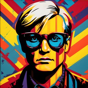 Retrato Pop Art, meio corpo, colorido, gráfico, matinal, ao estilo de Andy Warhol, Roy Lichtenstein, Robert Rauschenberg, Jasper Johns, Keith Haring 3