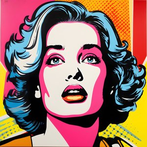 Retrato Pop Art, meio corpo, colorido, gráfico, matinal, ao estilo de Andy Warhol, Roy Lichtenstein, Robert Rauschenberg, Jasper Johns, Keith Haring 4