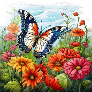 Borboleta num prado com uma treliça de flores 3