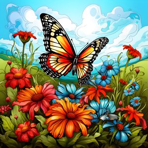 Borboleta num prado com uma treliça de flores 4