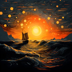 Pôr do sol, sol amarelo-alaranjado, nuvens, cinco círculos rotativos de nuvens num grande céu, ondas pontilhadas e nuvens amarelas-alaranjadas reflectindo-se nas ondas, um barco a navegar no mar 1