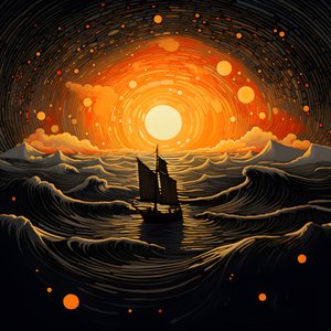 Pôr do sol, sol amarelo-alaranjado, nuvens, cinco círculos rotativos de nuvens num grande céu, ondas pontilhadas e nuvens amarelas-alaranjadas reflectindo-se nas ondas, um barco a navegar no mar 3