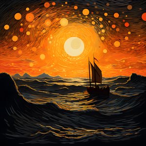 Pôr do sol, sol amarelo-alaranjado, nuvens, cinco círculos rotativos de nuvens num grande céu, ondas pontilhadas e nuvens amarelas-alaranjadas reflectindo-se nas ondas, um barco a navegar para o mar 4