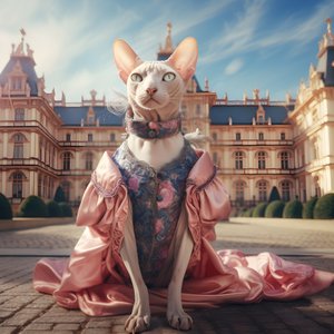Gato Sphynx em vestido de baile no fundo de um magnífico palácio de estilo medieval 1