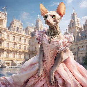 Gato Sphynx em vestido de baile contra o fundo de um magnífico palácio de estilo medieval 2