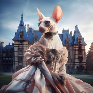 Gato Sphynx em vestido de baile contra o fundo de um magnífico palácio de estilo medieval 3 de Kurt Heppke