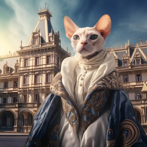 Gato Sphynx em vestido de baile contra o fundo de um magnífico palácio de estilo medieval 4