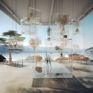 Edifício transparente com a mesa da ilha no meio 2