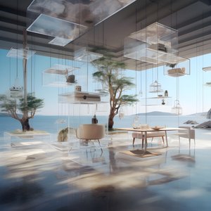 Edifício transparente com a mesa da ilha no meio 3