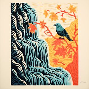 Ilustração ultra-minimalista de um pássaro tropical colorido sentado numa planta com ramos em frente a um riacho de montanha com uma bela cascata 1