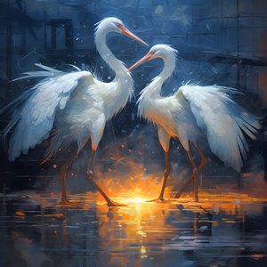 Pintura linda, deslumbrante, cinematográfica, dois grous a beijarem-se à chuva 1