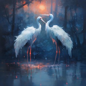 Pintura linda, deslumbrante, cinematográfica, dois grous a beijarem-se à chuva 2