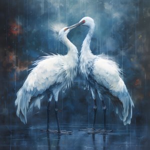 Pintura linda, deslumbrante, cinematográfica, dois grous a beijarem-se à chuva 3