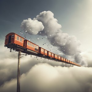 um comboio das redes sociais que se move rapidamente e voa por entre as nuvens, pendurado por um fio 1