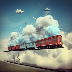 um comboio das redes sociais que se move rapidamente e voa por entre as nuvens, pendurado por um fio 3