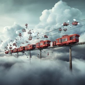 um comboio das redes sociais que se move rapidamente e voa por entre as nuvens, pendurado por um fio 4