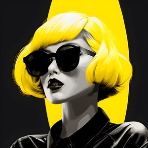 uma ilustração de uma rapariga com óculos de sol amarelos, com cabelo na cara e orelhas, ao estilo da estética film noir 1