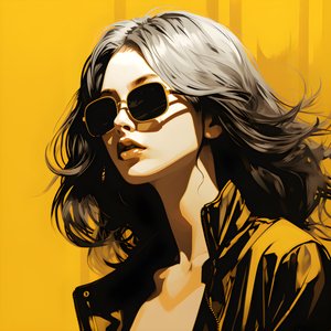 uma ilustração de uma rapariga de óculos de sol amarelos com cabelo na cara e orelhas, ao estilo da estética do filme noir 2