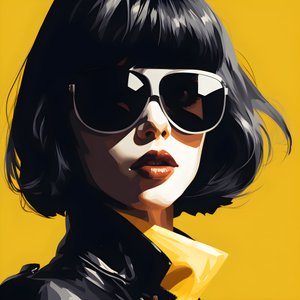 ilustração de uma rapariga de óculos de sol amarelos com cabelo na cara e orelhas, ao estilo da estética film noir 3