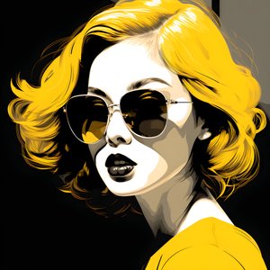 ilustração de uma rapariga de óculos de sol amarelos com cabelo na cara e orelhas, ao estilo da estética film noir 4